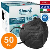 Sicura Protection 50 Mascherine Protettive Colore Nero Elastici Neri Fattore Protezione Certificato FFP2 NR in TNT