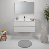 Mobile Bagno Sospeso 100 cm Bianco Effetto Legno Lavabo Specchio e Lampada