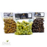 Tris Centonze Oliven: Grün in Salzlake, Schwarze gebackene und Gewürzte Oliven in nativem Olivenöl Extra