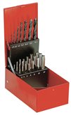 227.A - Tap and drill-bit sets contents-21 cobalt taps - 7 tips drills-2,5 - 3,3 - 4,2 - 5,0 - 6,8 - 8,5 - 10,2 mm Size [mm]-172 x 105 x 57 [kg]-1,100 d [mm]-M3 - M4 - M5 - M6 - M8 - M10 - M12