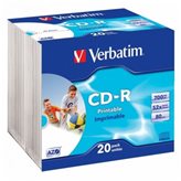 VERBATIM CD-R AZO Printable Wide Inkjet Printable 52X 700MB ID Branded in 20 Slim Case - 43424