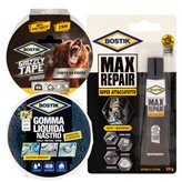 Bostik Kit Adesivi Impermeabili Universali Max Repair Super Attaccatutto 20g + Grizzly Tape Grigio 25m + Gomma Liquida Nastro 5m