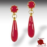 Red Coral Drop Gold Earrings Filigree