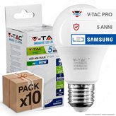10 Lampadine LED V-Tac PRO VT-210 E27 9W Bulb A60 Chip Samsung - Pack Risparmio - Colore : Bianco Naturale