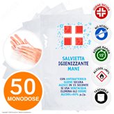 Salvietta Disinfettante Igienizzante Mani Antibatterico con Alcool Efficace Contro Virus e Batteri - 50 Bustine Monodose