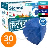 Sicura Protection 30 Mascherine Small Colore Blu Cobalto Elastici Bianchi Filtranti Monouso Protezione Certificato FFP2 NR