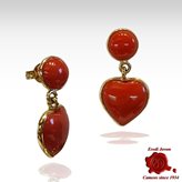 Heart Shaped Red Coral Dangle Earrings in Gold