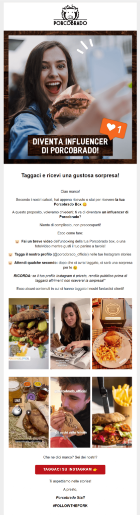 Esempio di richiesta email User Generated Content Porcobrado