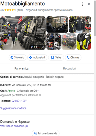 Esempio della pagina di Google My Business settore moto